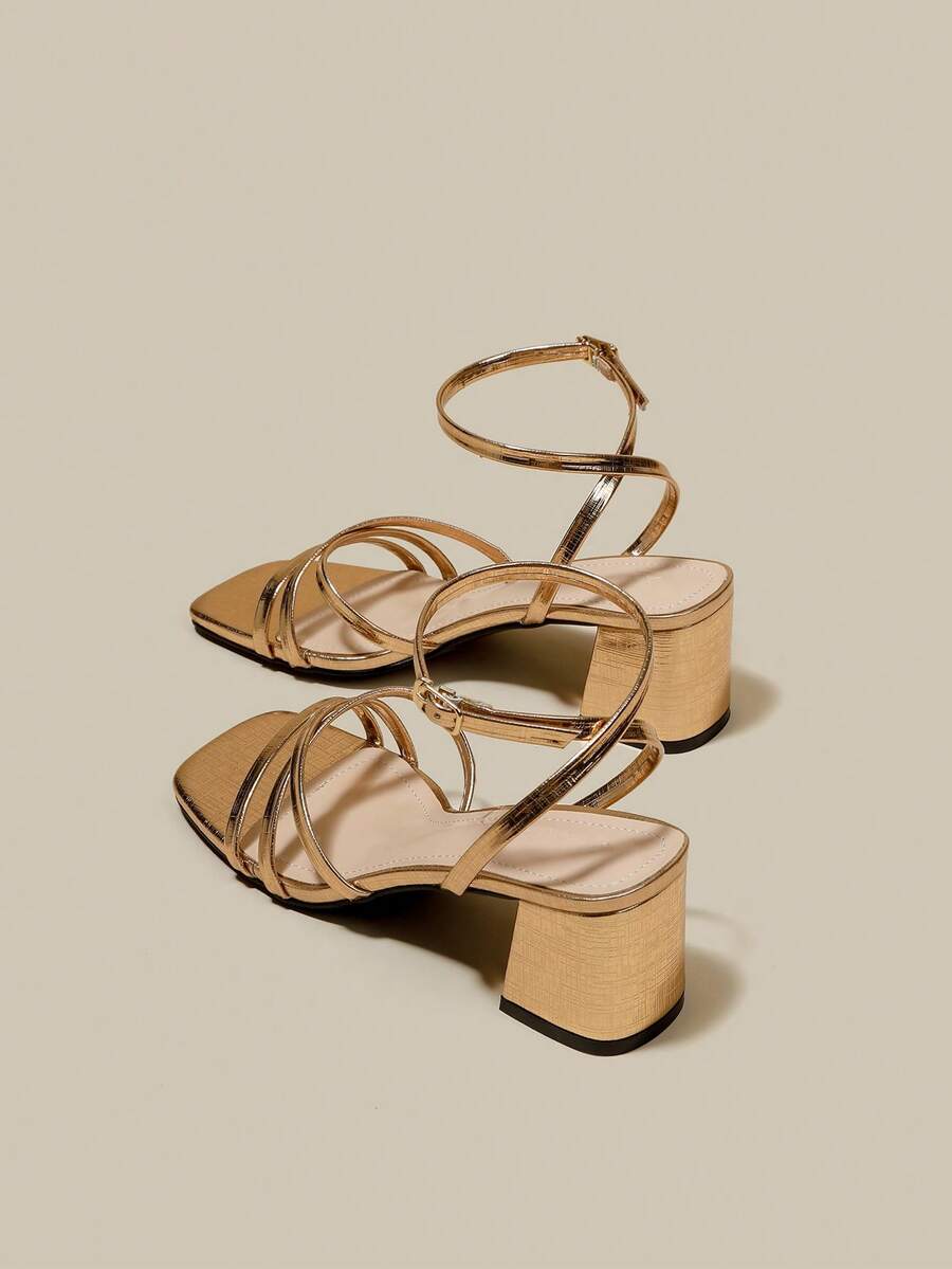 Women's Champagne Color Cross Strap Open Toe Lace Up Chunky Heel Sandals, Summer Shoes - Champagne - View 1