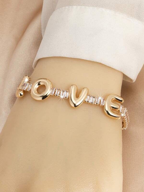 1pc Elegant Fashionable LOVE Alloy Letter Design Long Adjustable Chain Bracelet With Zirconia, Suitable For Women For Daily, Vacation, Party Wear, Couples Gift