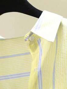 女式休闲条纹优雅纽扣长袖衬衫，春夏 - 黃色 - 查看 6