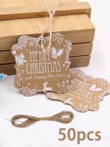 50个圣诞节印刷牛皮纸标签，节日礼物装饰标签标签，礼品包装用品，适用于圣诞节装饰，圣诞树装饰，礼品包装，以及节日期间赠送礼物，圣诞节（配10米麻绳） - 彩色 - 查看 7