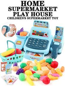 Brinquedo Miniatura de Caixa Registradora Simulada com Efeitos de Som e Luz Multifuncionais e Escaneamento, Conjunto de Cesta de Frutas e Vegetais com Tema de Supermercado, Presente Ideal para Natal e Brincadeira de Faz de Conta - Multicolorido - Visão 2