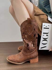Retro Brown Western Cowboy Boots, Women Spring Autumn 2025 New V-Cut Hollow Mid-Calf Rider Boots, Vintage Style