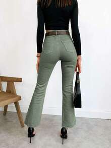 Women's Color Cloth Pants Bootcut Pants Women's Jeans Women's Bootcut Pants Fashionable Solid Color Pocket Button Zipper - Army Green - View 5