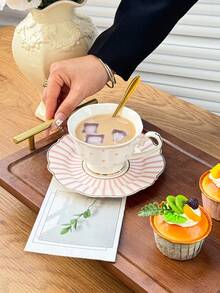 1pc Luxury Polka Dot Coffee Cup And Saucer Set, Classic Striped Polka Dot English Afternoon Tea Cup And Saucer, Ceramic Material, High-Temperature Painting Craft, Nordic Style, Minimalist, Creative, Mug/Coffee Cup/Afternoon Tea Cup - Multicolor - View 7