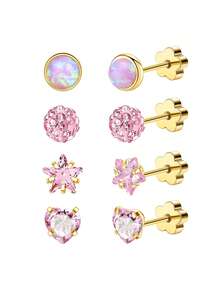 4 对女士防过敏平背耳环不锈钢软骨耳环平背心形星形花朵手工螺丝背耳环适合敏感肌肤午睡耳环 - 4對 - 查看 10