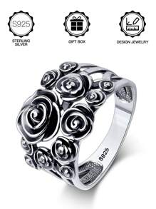 S925 Sterling Silver Boho Style Blackened Thorned Rose Floral Wide Band Vintage Goth Ring, Suitable For Men & Women Daily Wear, Wedding Engagement, Halloween, Valentine's Day, Mother's Day, Music Festival Gift, With Gift Box