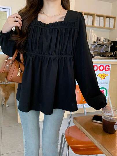 女士方领褶皱长袖衬衫，宽松设计，秋季上衣