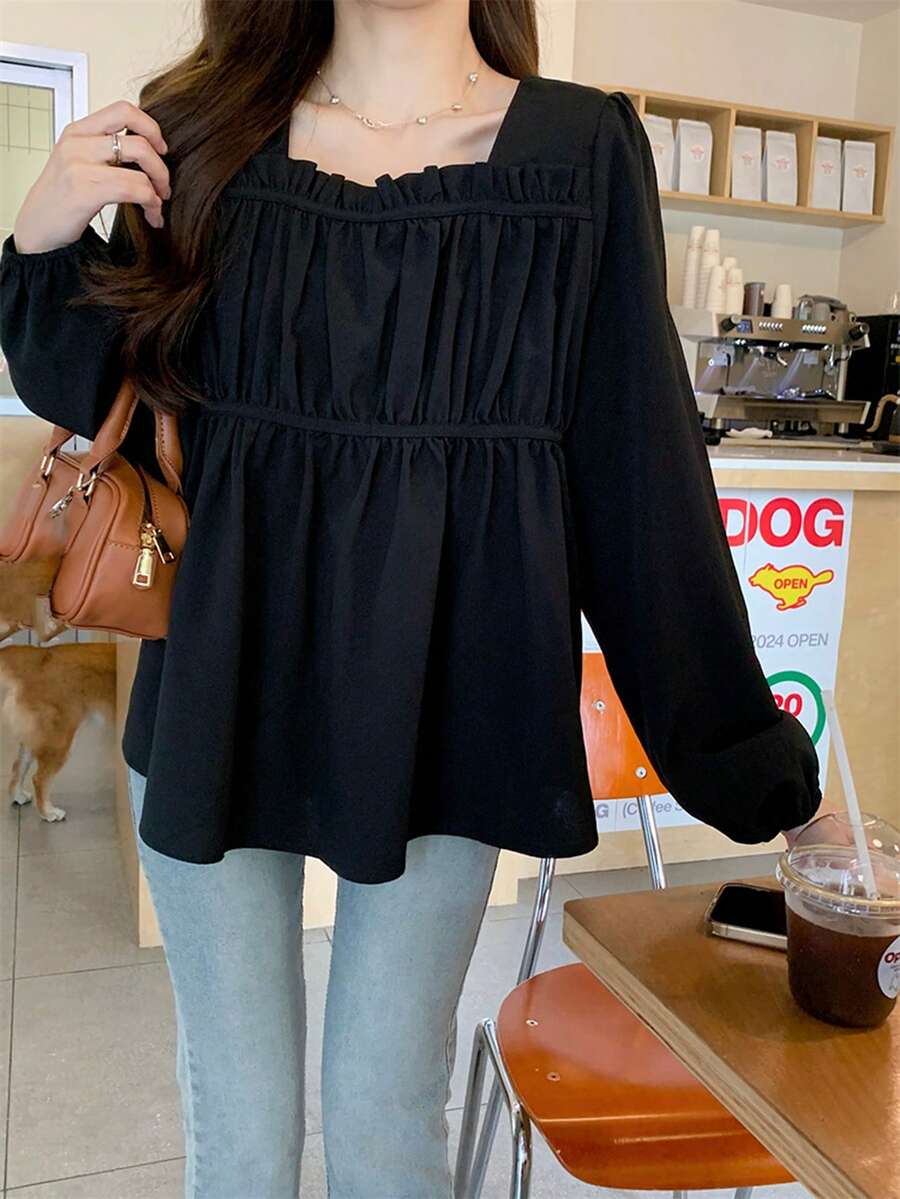 女士方领褶皱长袖衬衫，宽松设计，秋季上衣 - 黑色 - 查看 1