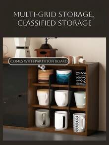 Estante vintage de madera para exhibir tazas - Organizador multi-nivel a prueba de polvo para tazas, con soporte de pared y de escritorio, armario con puerta corrediza, estación de almacenamiento de té y café de cocina.