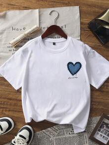 1件少女爱心印花短袖T恤，舒适时尚的夏季上衣，适合年轻学生