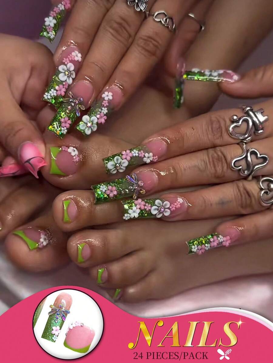 48 件套中号棺材钉方形脚趾甲，粉绿渐变，带有 3D 花卉和蜻蜓闪光装饰，易于按压应用，舒适贴合，持久光泽，包括果冻胶和锉刀，非常适合女性派对、庆祝活动和日常佩戴美甲用品 - 綠色 - 查看 1