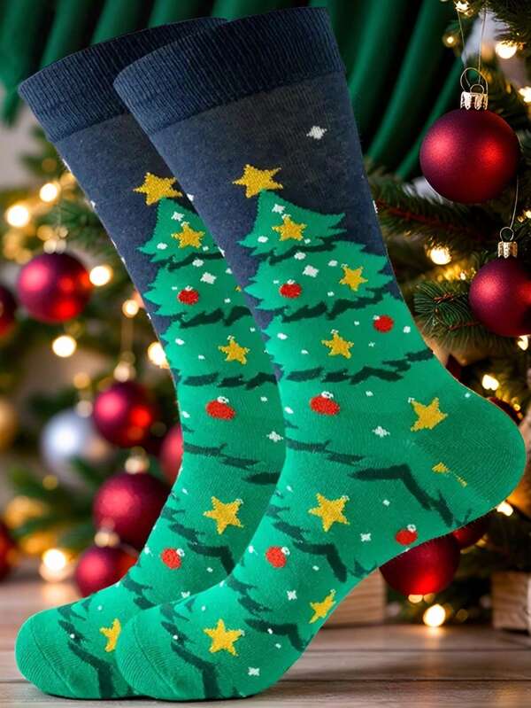 1 paire de chaussettes de Noël pour hommes avec motif d'arbre de Noël, décorées d'étoiles et d'ornements, respirantes et confortables. Parfait pour les cadeaux de fêtes et la décoration de Noël, chaussettes d'automne