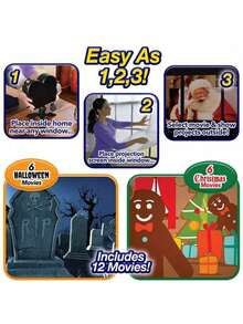 Décoration de Noël Scènes du festival de Noël Projecteur de fenêtre 12 films hologrammes intégrés Décoration d'ambiance pour fête de Noël