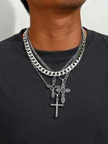 4 男士嘻哈风格不锈钢粗项链搭配多元素十字架吊坠，暗黑风格十字架元素男士项链，男士百搭多元素组合多层项链