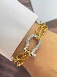 Pulseira dupla STYLEVER com fivela de ferradura dourada, cravejada com diamantes coloridos, corrente de aço inoxidável, combinada com pulseira estampada, estilo único e requintado