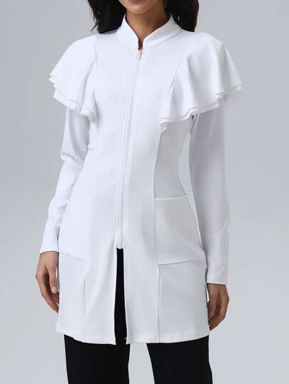 Lange Jacke mit Zweifachtasche und offenem Vorderteil, Krankenpflege-Uniformjacke mit Rüschenkante, Uniformoberbekleidung für Zahnärzte/Kliniken/Salons/Psychologen