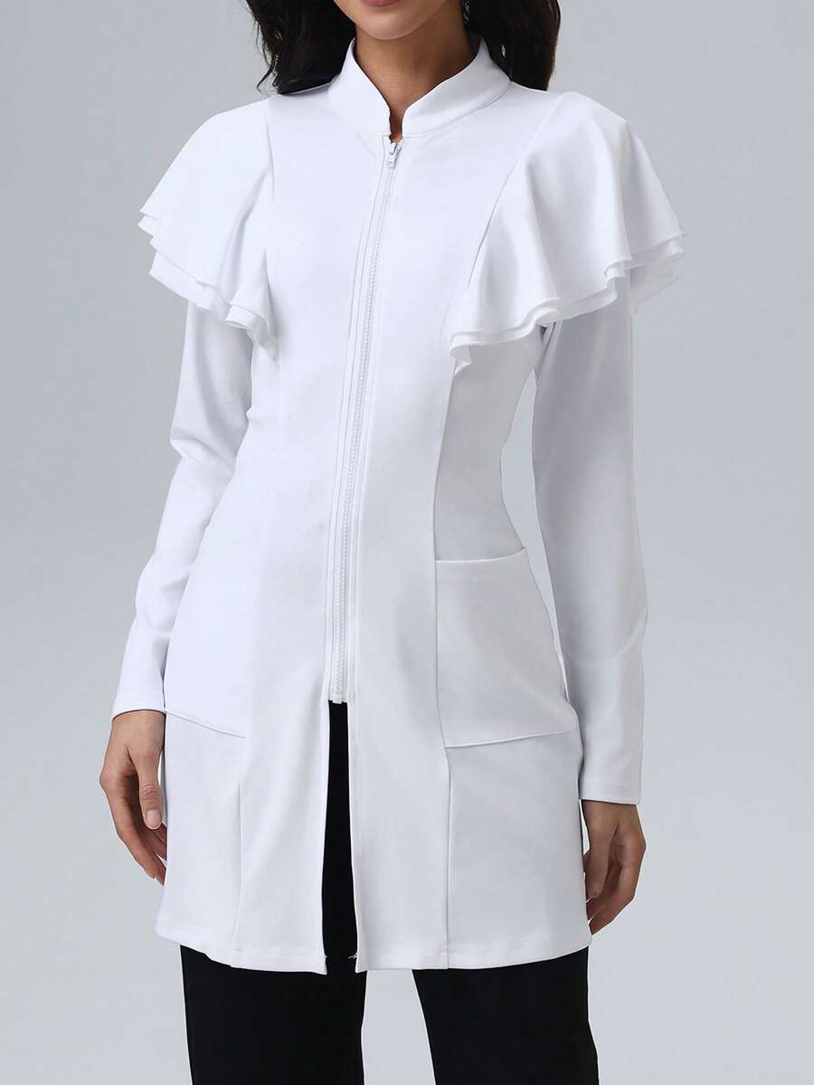 Double Pocket Open Front Long Sleeve Lab Coat, Nursing Scrub Uniform Jacket With Frill Edge, /Dental/Clinic/Salon/Psychologist Scrub Uniform Outerwear