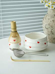 1pc/2pcs/4pcs/5pcs Hand-Painted Heart Matcha Tea Set, High-Quality Heart Shaped Matcha Bowl, Matcha Whisk, Tea Scoop, Full Set Of Cute Fresh Matcha Utensils, Suitable For Matcha Beginners, Gift For Matcha Lovers, Birthday Present Back To School