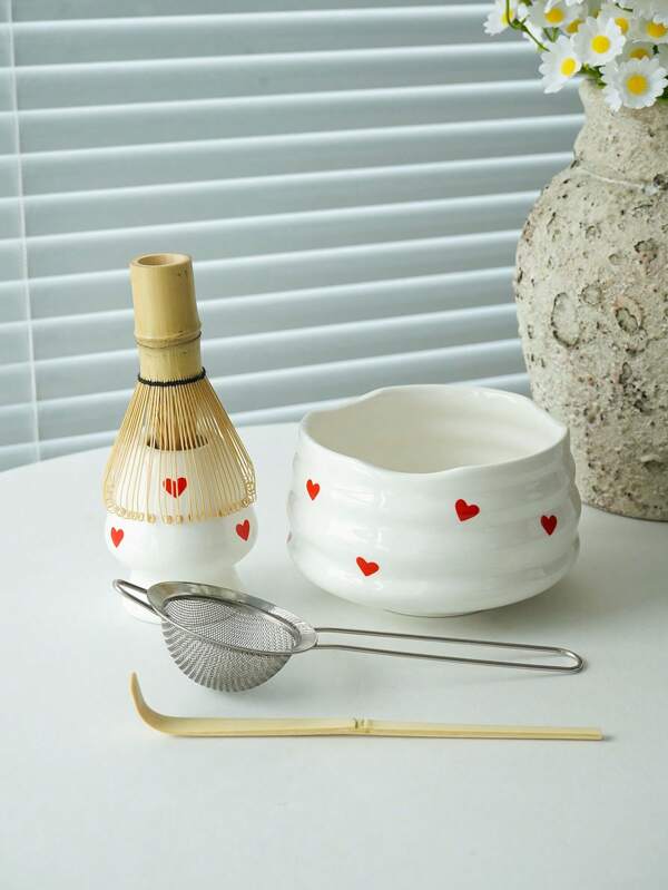 1pc/2pcs/4pcs/5pcs Hand-Painted Heart Matcha Tea Set, High-Quality Heart Shaped Matcha Bowl, Matcha Whisk, Tea Scoop, Full Set Of Cute Fresh Matcha Utensils, Suitable For Matcha Beginners, Gift For Matcha Lovers, Birthday Present Back To School