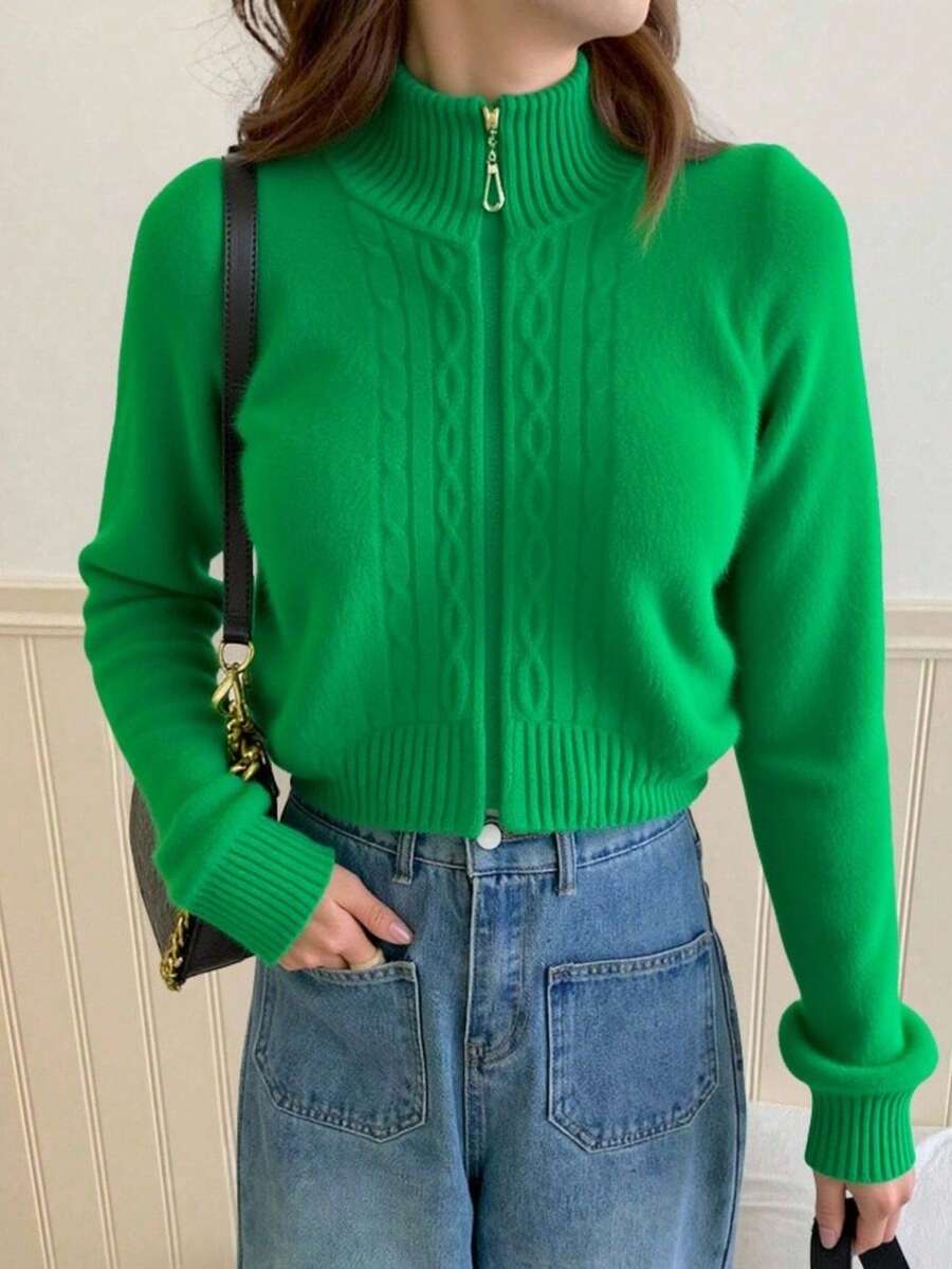 Zalla Women's Knitted Blouse With Front Zipper And Differentiated Texture, Korean Cropped Style - 綠色 - 查看 1