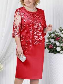 Party Dress Lady Plus Size Godmother Elderly Mothers Grandmother Casual Elegant Gold Silver Wedding Gold Lace Two Pieces Dress + Lace Blouse Overlay Comfortable Luxury Premium Quality - 紫紅色 - 查看 1