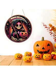 Decoración de puerta de madera con corona floral retro, cabeza de calabaza de Halloween, decoración de arte del horror para el hogar, el jardín y el patio: Decoración colgante de madera