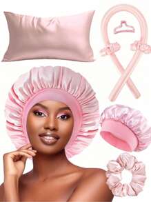 WANMEI Ensemble de soins capillaires premium de 4 pièces - Comprend 1 taie d'oreiller en satin ultra douce, 1 bonnet de nuit en soie léger, 1 tige à boucler sans chaleur et 1 élastique doux pour les cheveux - Ensemble ultime de protection et de mise en forme des cheveux pendant la nuit