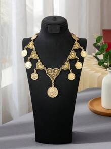 1Set Necklace & Earrings Arabic Plated Gold Hollow Heart Carving Portrait Coin Pendant Heavy-Craft Necklace And Earrings Bridal Wedding Jewelry Set