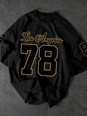 Los Angeles 78 Pattern Black Polyester Men's T-Shirt - Casual Loose Fit, Machine Washable Short Sleeve T-Shirt With Bold Numeric Print