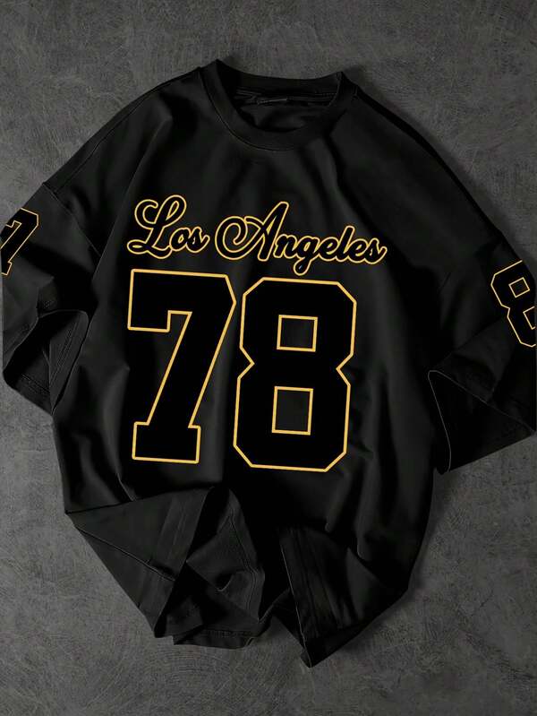 Los Angeles 78 Pattern Black Polyester Men's T-Shirt - Casual Loose Fit, Machine Washable Short Sleeve T-Shirt With Bold Numeric Print