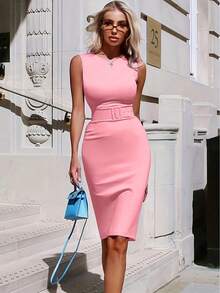 女士梦幻中长紧身连衣裙夏季绷带连衣裙粉色缀饰优雅婚礼晚会鸡尾酒会礼服性感服装 - 粉色 - 查看 1