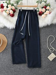 女士欧美风格抽绳口袋长裤，夏季时尚 - 藏蓝色 - 查看 5