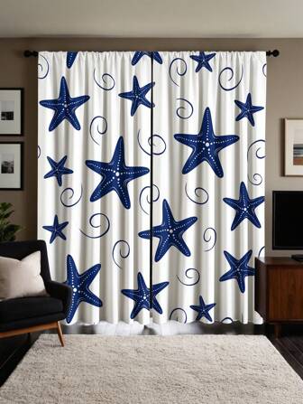 2pcs Polyester Digital Printed Blue Star Pattern Light Filtering Curtains, Suitable For Bedroom, Living Room, Office And Home Decoration, Pole Pocket Design, Fits Curtain Rod