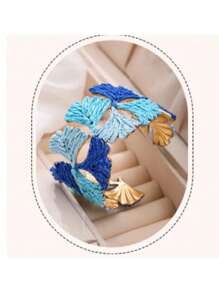 1pc Elegant Fashionable Ginkgo Leaf Raffia Open Bangle Bracelet, 6 Color Option, Suitable For Beach, Hawaii Travel Wear
