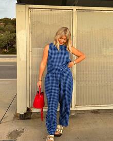 Women's Casual Blue Plaid Two Piece Outfit Sleeveless Round Neck Cropped Top And Pants Set Non-Stretch Woven Fabric - Màu xanh lam - Xem 2