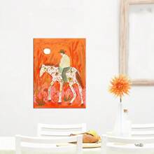 1 pieza Póster de lienzo con diseño de vaquero de dibujos animados vibrante - Arte de pared minimalista moderno, decoración del hogar sin marco para sala de estar, dormitorio u oficina, con fondo floral colorido y tonos naranjas cálidos, regalo perfecto para espacios con temática occidental, decoración del hogar de estilo occidental