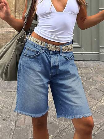 Y2K 街头蝴蝶结刺绣洗水做旧毛边牛仔短裤斜口袋休闲百慕大短裤及膝牛仔短裤舒适宽松夏季女式