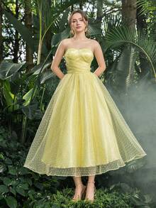 Faeriesty Prom Dresses Solid Strapless Swiss Dot Tulle Prom Homecoming Dress Perfect For Back To School, Gathering, Dance & Cocktail Events - Yellow - View 4