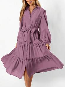 Women's Dresses Long Sleeve Dresses Casual V Neck Tie Button Down Flutter Tie Waist Shirt Dresses - Màu tím - Xem 3
