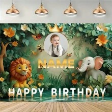 Photo personnalisée, nom ou affiche imprimée sur commande, lion et éléphant de la forêt du monde, décoration de fête d'anniversaire, décoration de table de gâteau d'anniversaire, accessoires de photomaton, plusieurs options de taille