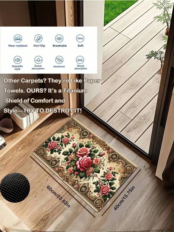 1 Piece Romantic Rose Pattern Carpet, 0.5cm Thick IT Farman Velvet Sponge, Lightweight And Easy To Wash, 100% Polyester Handmade Rectangular Floor Mat Greeting Door Mat Area Floor Mat Indoor/Outdoor Entry Door Mat Area Rug Suitable For Living Room, Bedroom, Entryway, Game Room, Dorm Decor - Machine Washable, Perfect For Valentine's Day, Easter, Thanksgiving, St. Patrick's Day, Mother's Day.