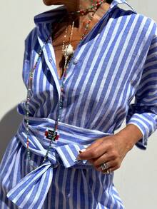 2025 New Women's Front Button Striped Long Shirt Dress, Adjustable Waistband, Machine Washable, Summer Outfits For Women - 藍色 - 查看 3
