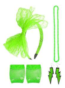 Conjunto de 6 peças de acessórios para fantasias dos anos 80 para mulheres, faixa de cabeça de renda, brincos vintage com relâmpago, luvas e colar, adequado para lhe proporcionar praticidade para se vestir para a maioria das festas de Halloween