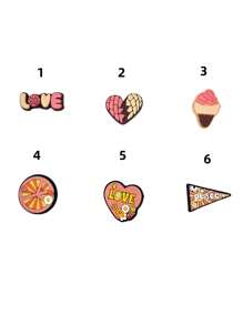 1 Set de 6 piezas de decoraciones con patrones de helado y corazón de dibujos animados para sandalias, pulseras, pantuflas, proyectos DIY para teléfono, adecuado para playa, vacaciones, regalo de cumpleaños