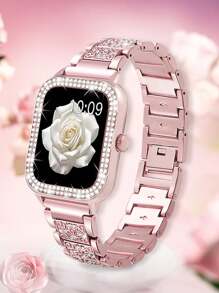 2 pièces/Ensemble Bracelets de montre Apple Bracelet de montre Apple Rose+ Étui de protection pour montre Apple Breloque en métal avec diamants scintillants. Le bracelet et l'étui de protection conviennent aux séries Ultra SE 10/9/8/7/6 5/4/3/2/1 compatibles avec les tailles de bracelets de montre Apple de 38 mm, 40 mm, 41 mm, 42 mm, 44 mm, 45 mm, 49 mm. 2 pièces de remplacement de bracelet de montre en métal avec des strass pour dames