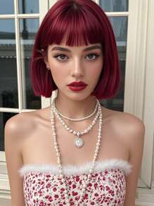 XYUNMI Sweet Berry Red Bob Wig Short Straight With Bangs 12 Inch Lightweight Breathable Women's Heat Resistant Synthetic Wig For Daily Wear Party Role Play Beautiful Natural Lively Cute Short Hair