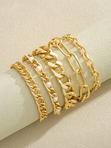5PCS/4PCS Set Of Women's Simple Faux Pearls Gold-Tone Bracelets Perfect For Women's Casual And Daily Wear - Style 1 - View 9