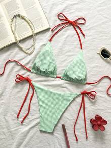 Set de 2 piezas Bikini de mujer estampado de cuadros azul y blanco 2025 - Verde - Ver 2