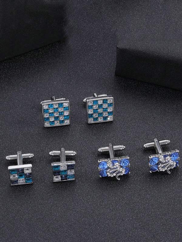 1 par de gemelos de camisa rectangulares con rayas, cristales de strass y rejilla, botones de manga de metal y aleación a la moda, gemelos de camisa, gemelos de camisa para parejas, recuerdo de viaje escolar