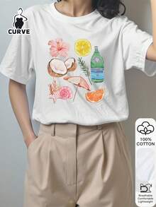 大码女式休闲椰树印花100%纯棉短袖上衣，图案T恤，柔软面料，棉质服装，户外穿着，印花图案，夏季T恤，女式T恤，衬衫，夏季上衣，度假装，旅行风格，海滩风，简约度假装 白色 - 白色 - 查看 3